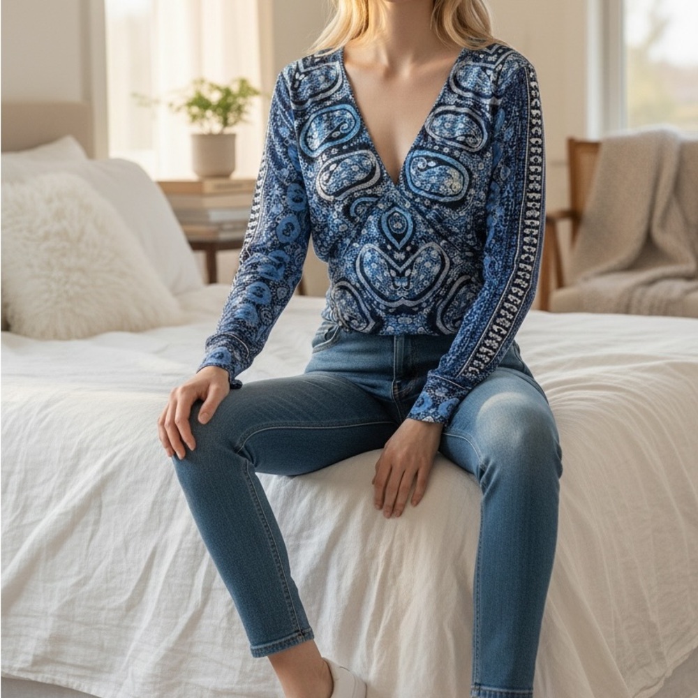 Free People Blue Paisley V-Neck Top